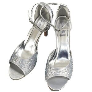Camille La vie Silver High Heel Peep Toe Glitter Dorsay Ankle Strap Sandals S 10